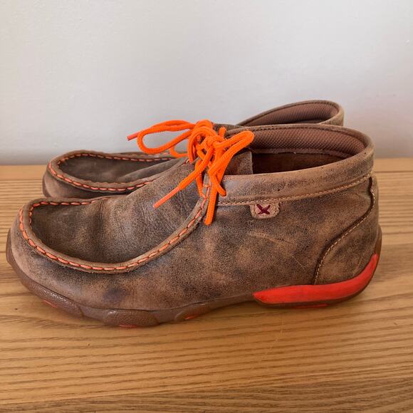Twisted X Chukka Distress Driving Mocs Boots Youth 5.5M Bomber Brown Neon Orange - Picture 2 of 10